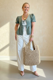 Linen Tie Front Peplum Top