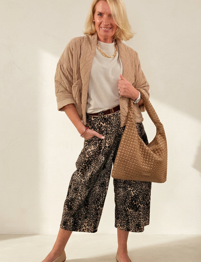 Velvet-touch animal trousers with woven hobo bag