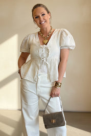 Linen Tie Front Peplum Top