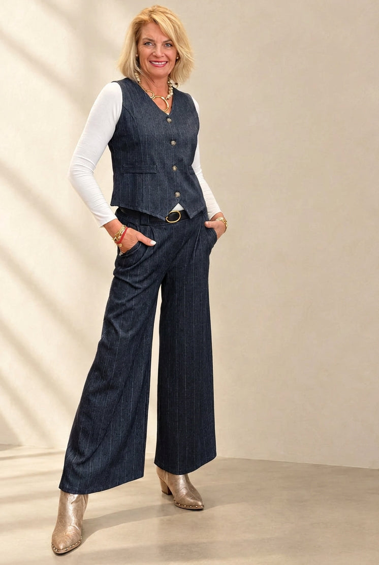 Navy pinstripe blazer, waistcoat and wide leg trousers