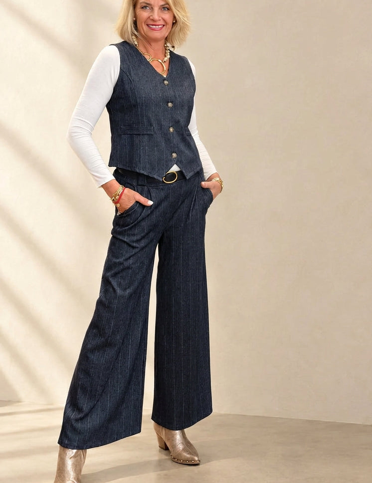 Navy pinstripe blazer, waistcoat and wide leg trousers