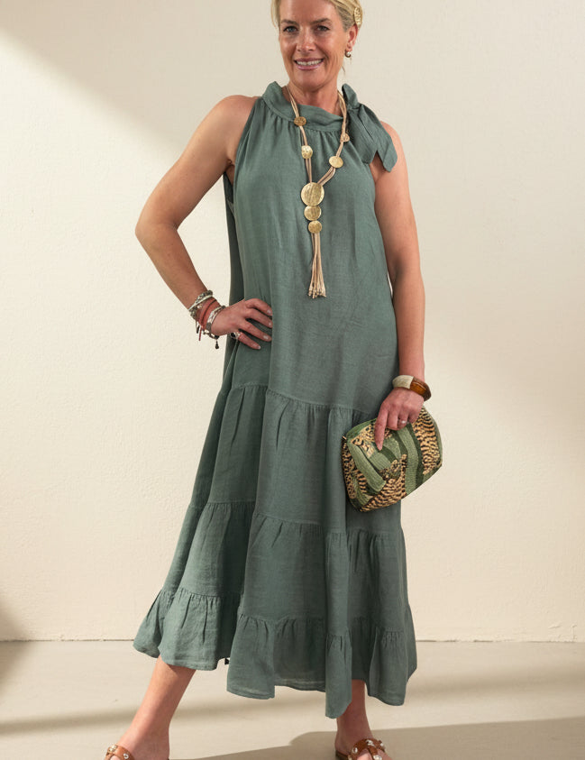 Tara Bow Neck  Linen Maxi Dress