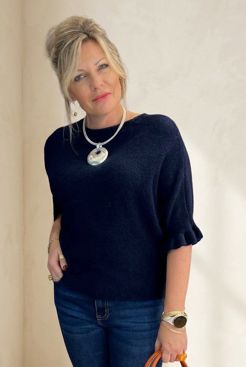 Navy blue alpaca blend fluted sleeve knit