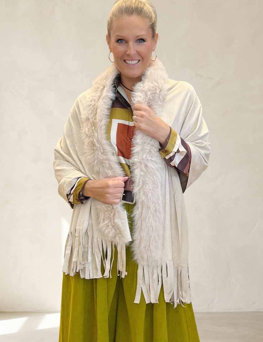 Beige suede and fur tassel shawl