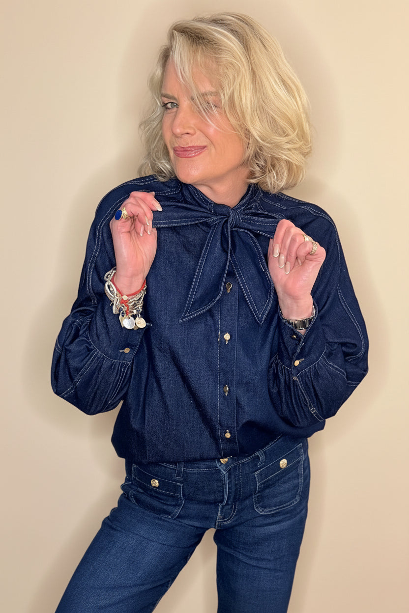 Veronica Pussy Bow Denim Blouse