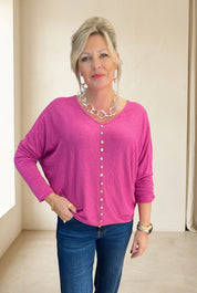 Raspberry batwing button light knit