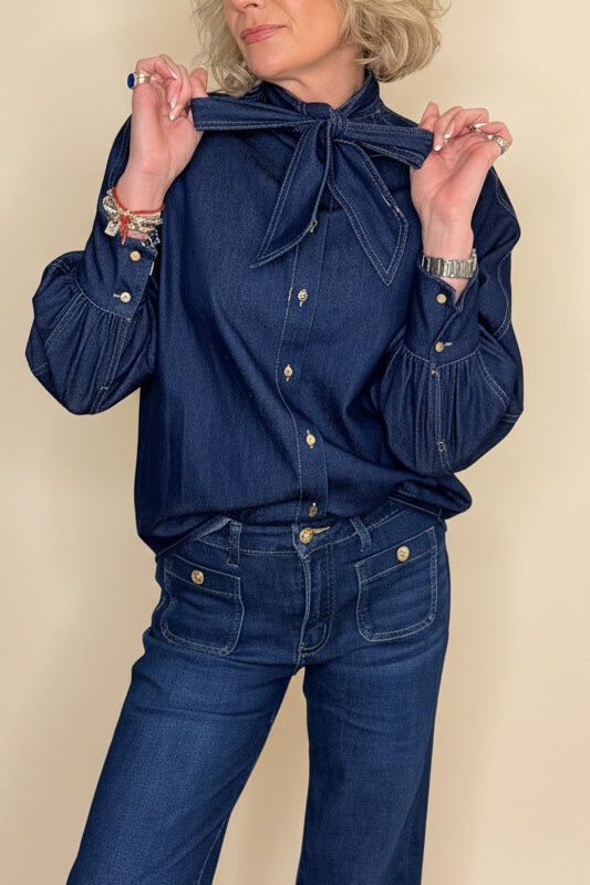 Veronica Pussy Bow Denim Blouse