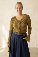 Burnt-Out Velvet Frilly Front Top