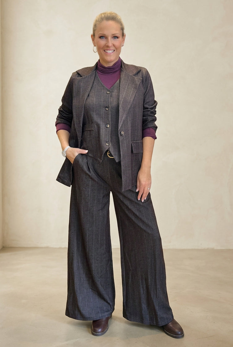 Chocolate brown pinstripe blazer and wide leg trousers