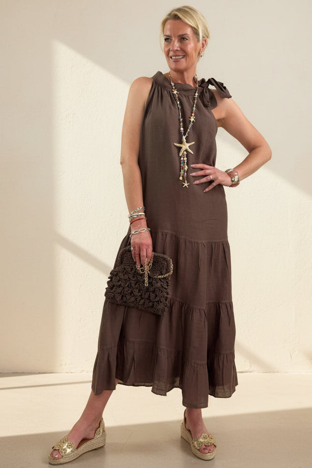 Tara Bow Neck  Linen Maxi Dress