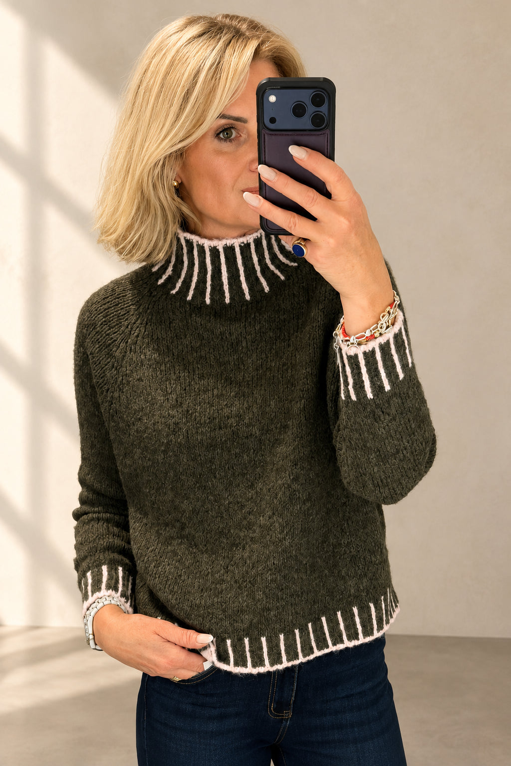 Chocolate and pink contrast hand knit jumper