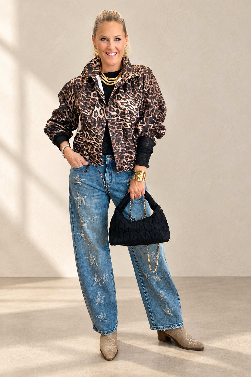 Leopard Print  Funnell Neck Bomber