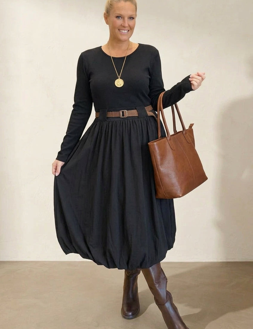 Navy blue puff-ball cotton dress