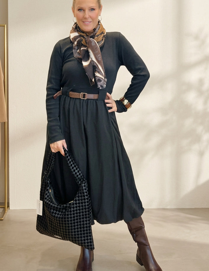 Puff-ball cotton dress with zebra scarf and woven hobo bag