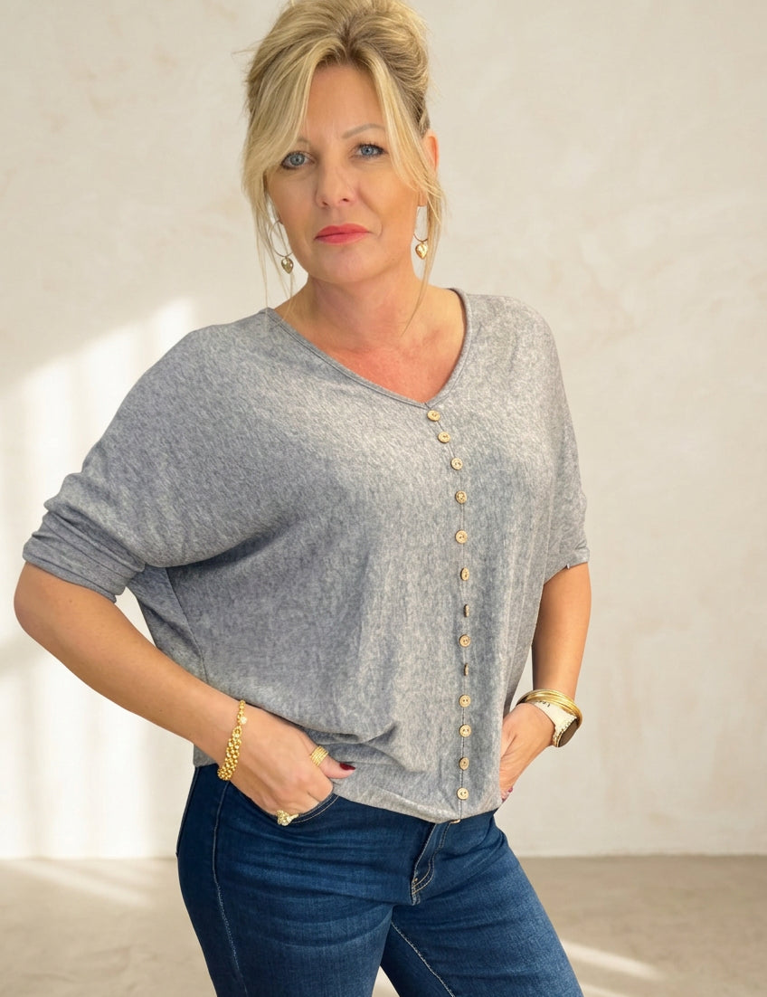Grey batwing button light knit