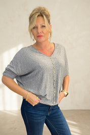 Grey batwing button light knit
