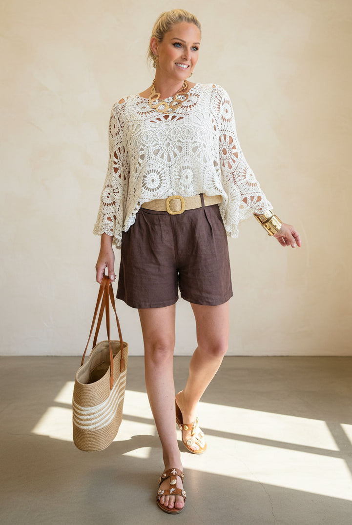 Linen Shorts with Raffia Belt