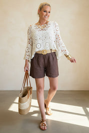 Linen Shorts with Raffia Belt