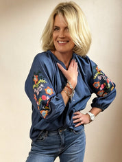 Embroidered Sleeve Chambray Blouse