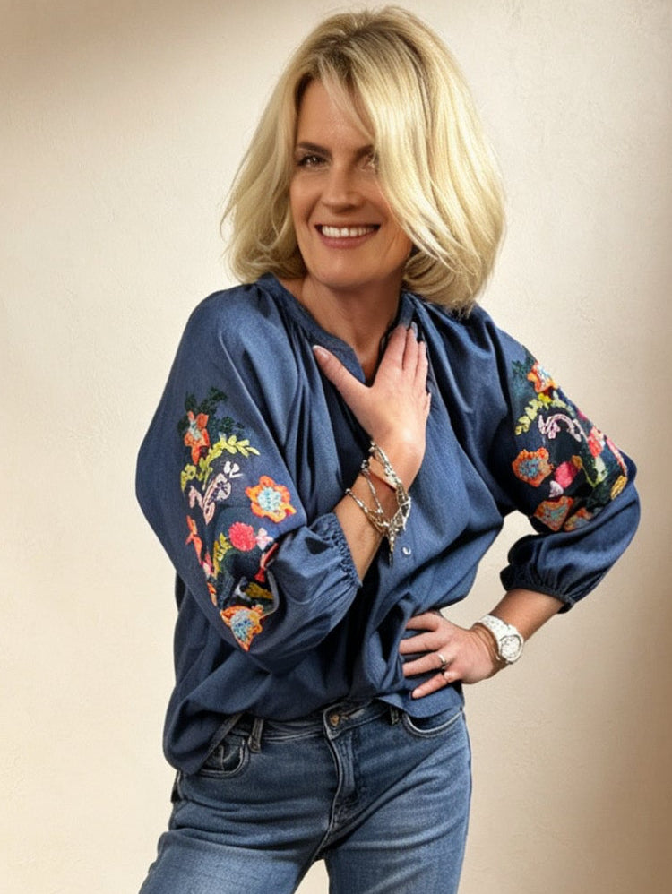 Embroidered Sleeve Chambray Blouse