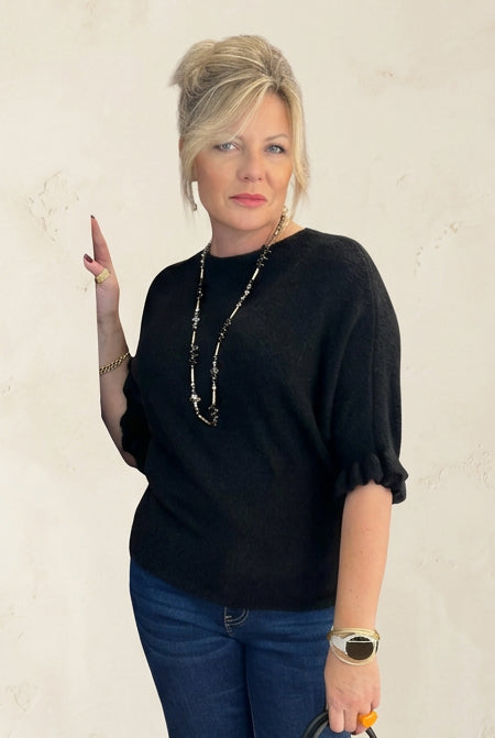 Black alpaca blend fluted sleeve knit