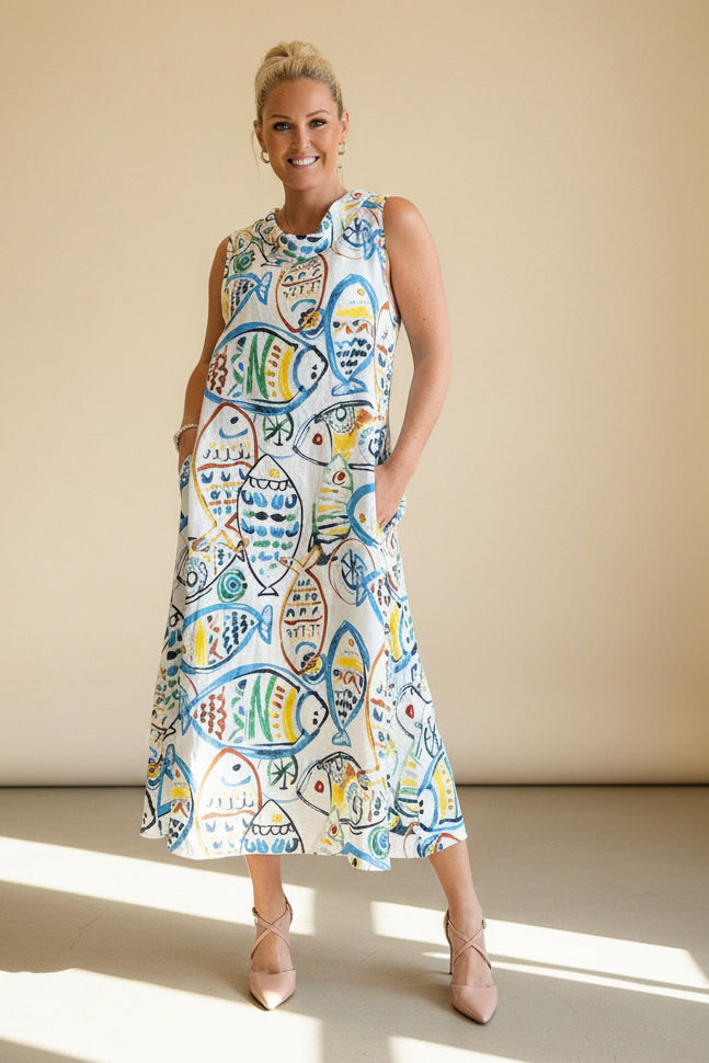 Painted Fishes Linen Dress