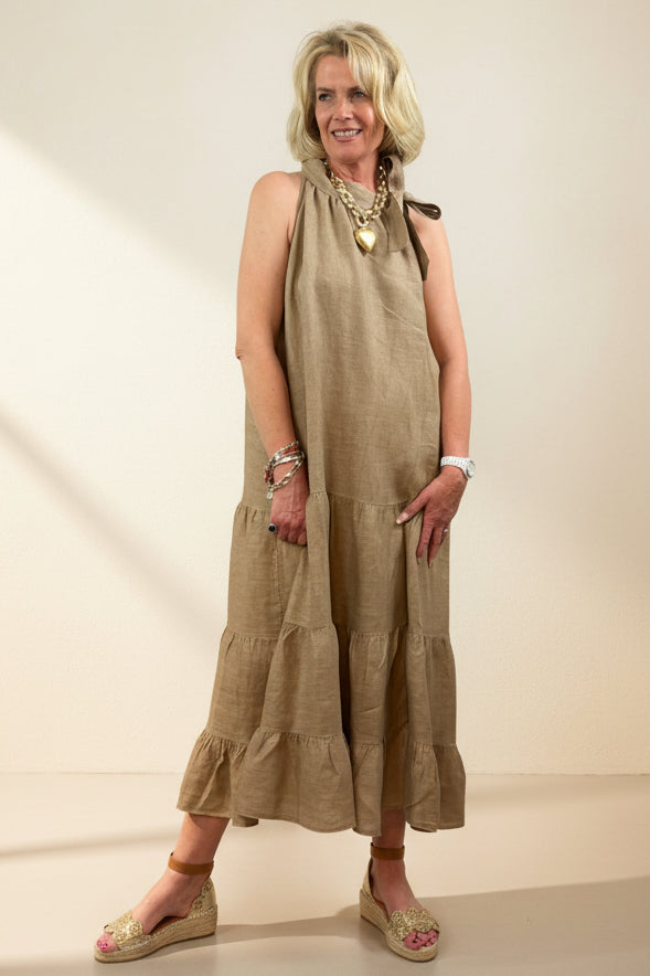 Tara Bow Neck  Linen Maxi Dress