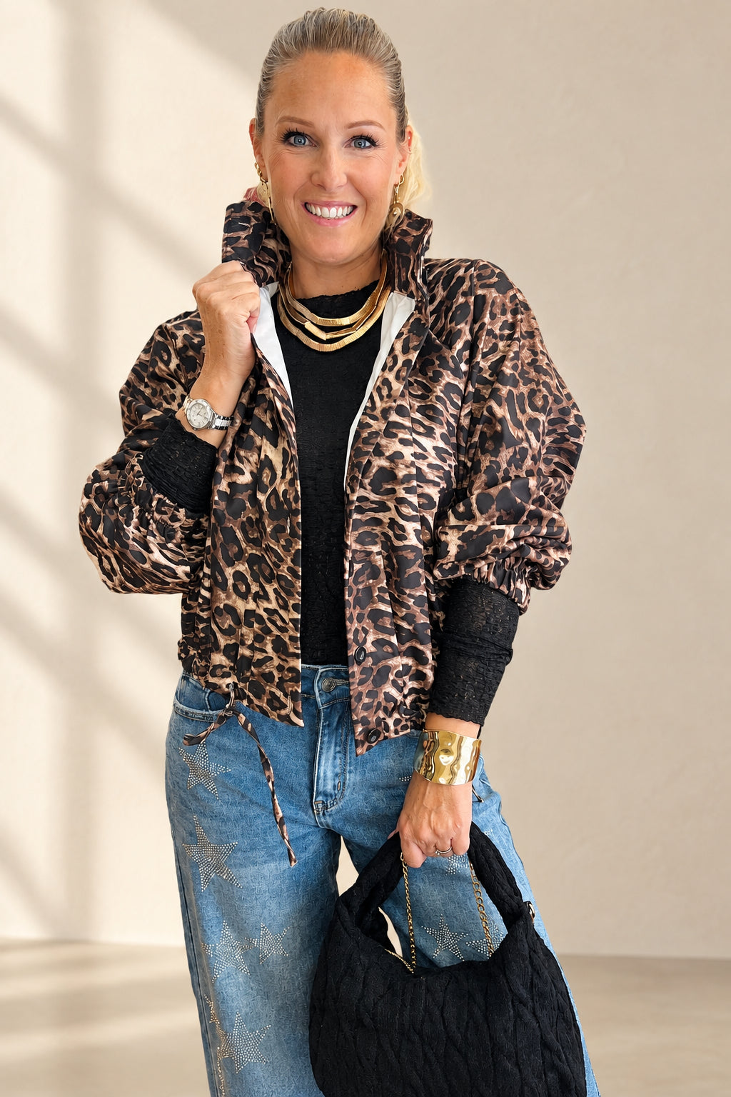 Leopard Print  Funnell Neck Bomber