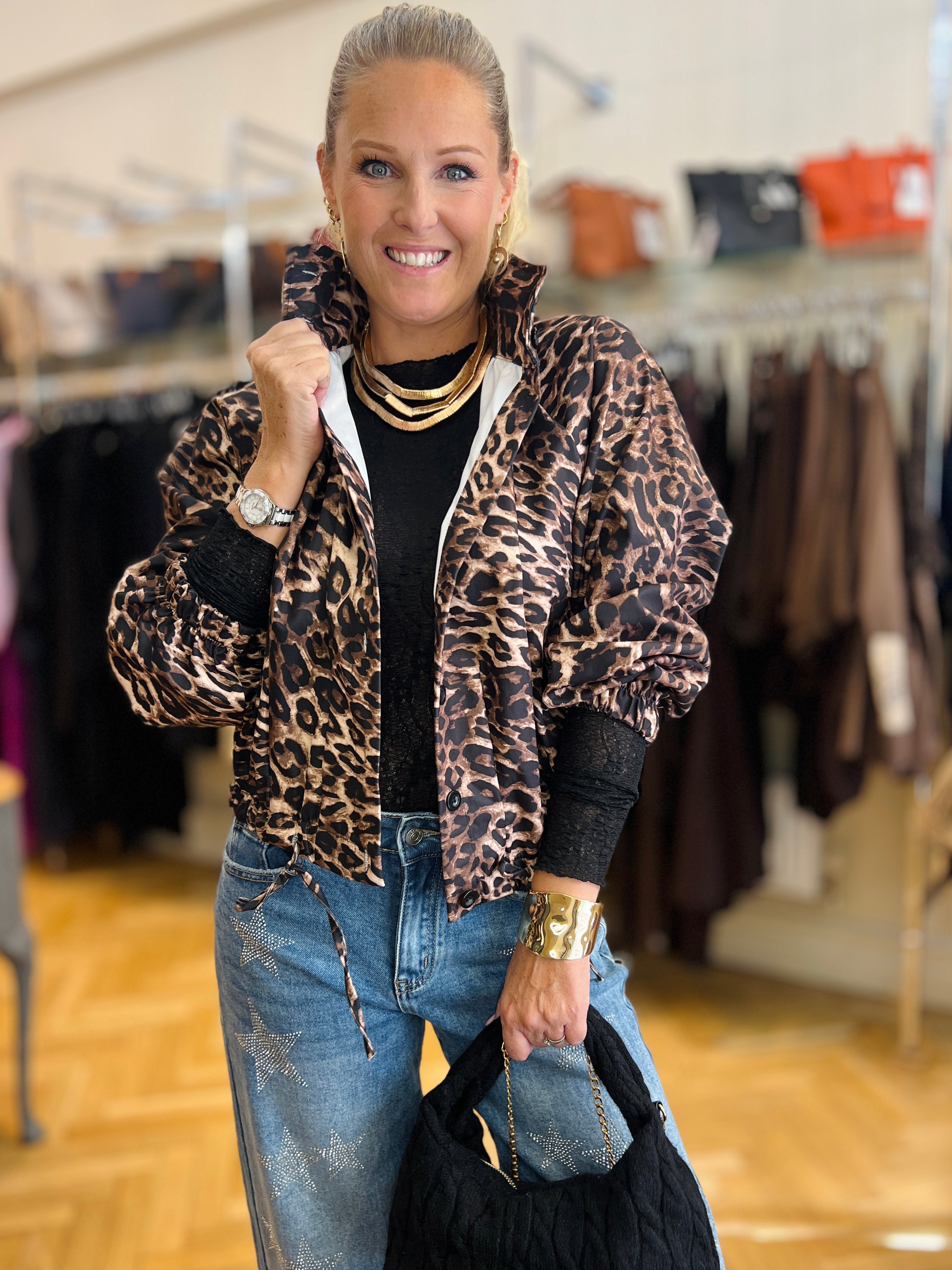 Leopard Print  Funnell Neck Bomber