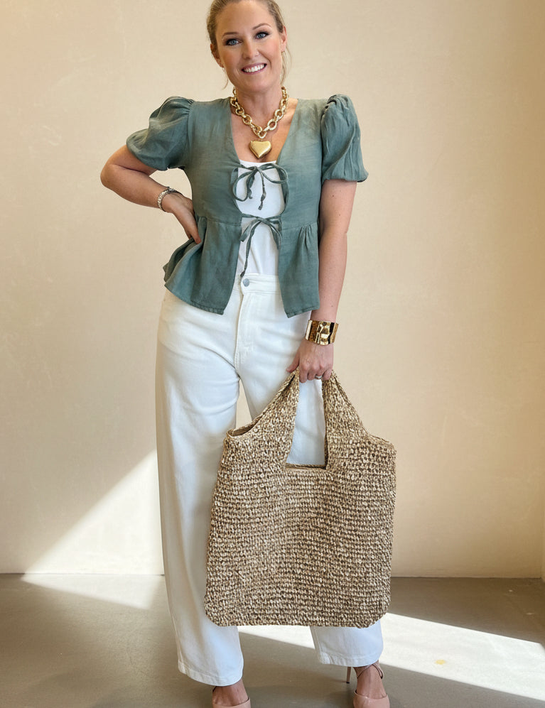 Linen Tie Front Peplum Top