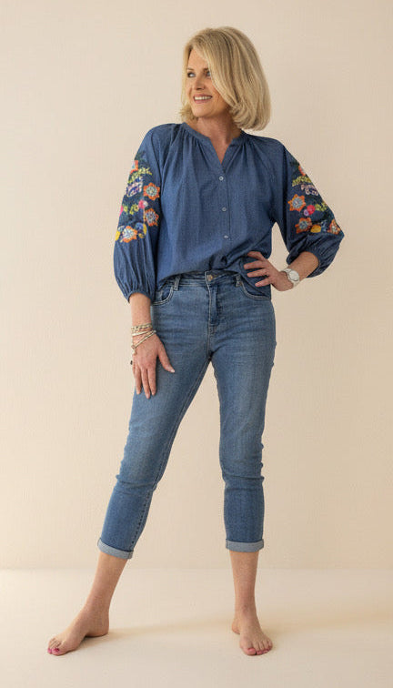Embroidered Sleeve Chambray Blouse