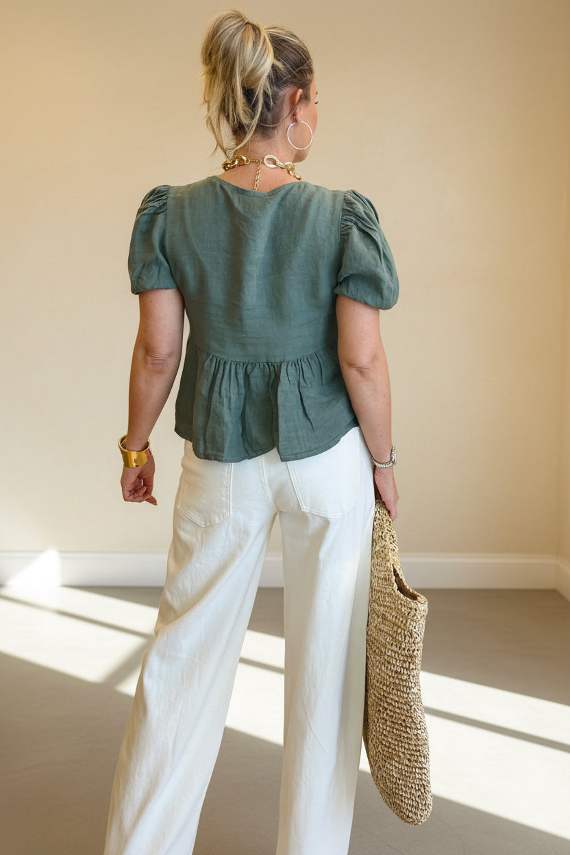 Linen Tie Front Peplum Top