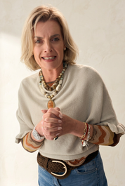 Oatmeal alpaca fluted sleeve knit with woven suede belt