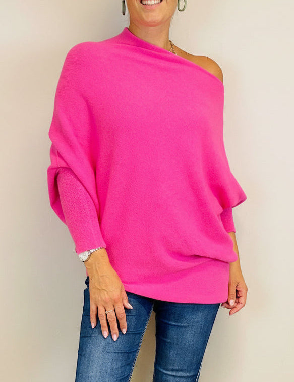 Fuschia Pink Asymmetric Slouch Italian Knit Jumper 