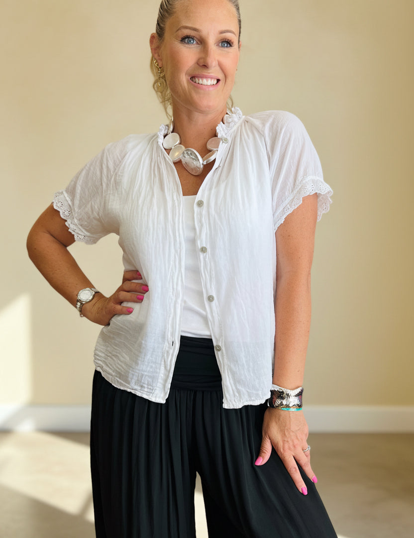 Tina Short Sleeve Blouse - Anglaise Collar