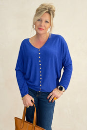 Royal blue batwing button light knit