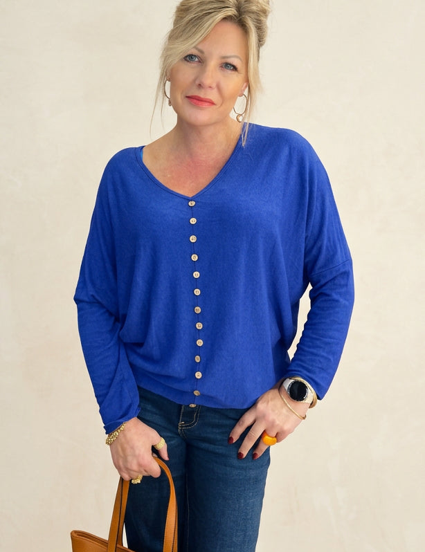 Royal blue batwing button light knit