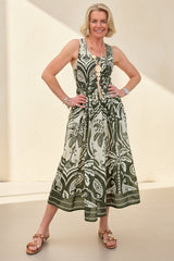Palm Mandala Print Shirred Dress