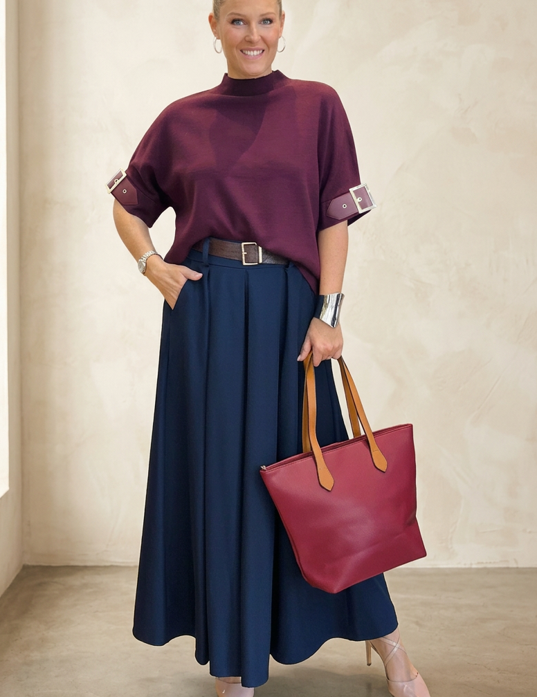 Buckle sleeve jumper with navy wide leg culottes