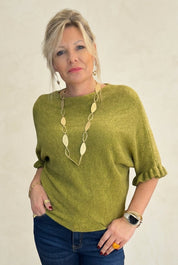 Olive green alpaca blend fluted sleeve knit