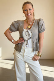 Linen Tie Front Peplum Top