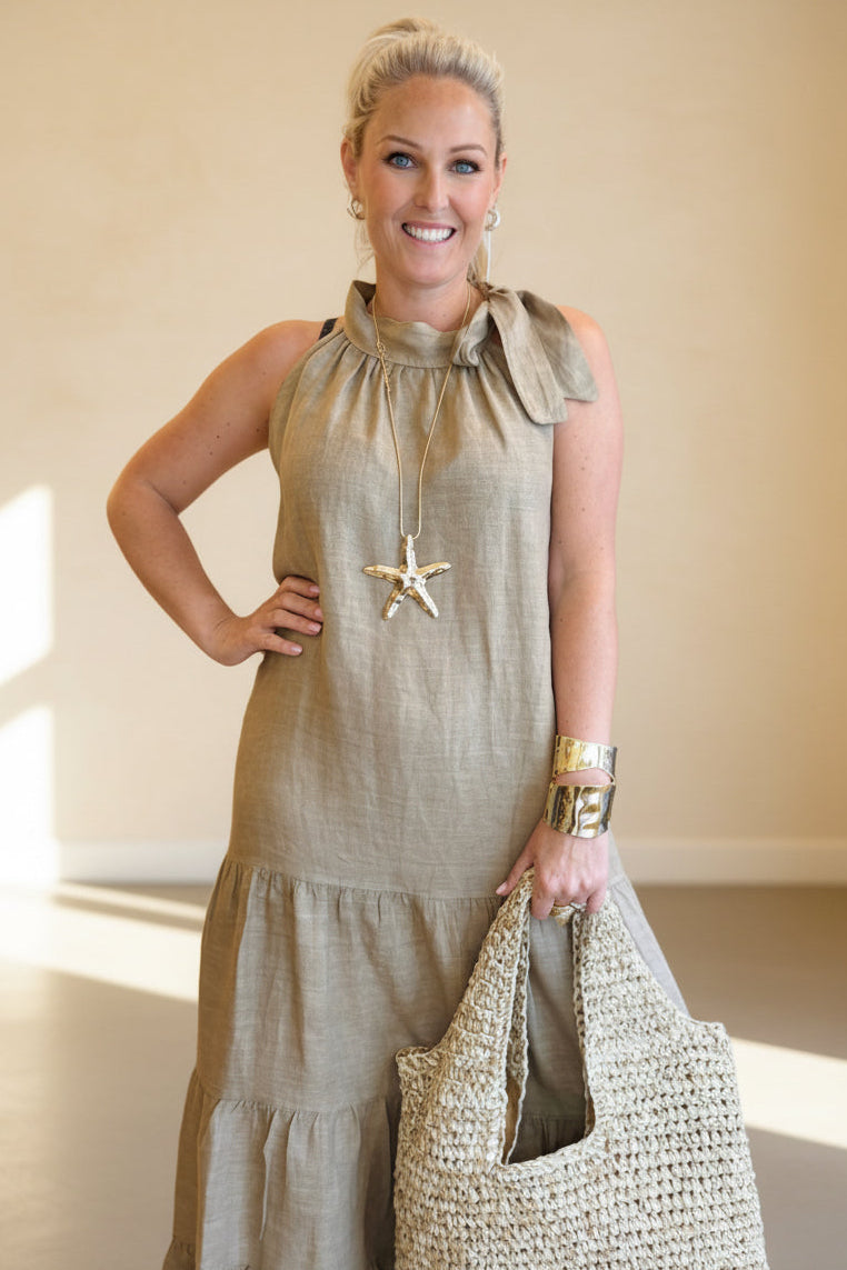 Tara Bow Neck  Linen Maxi Dress