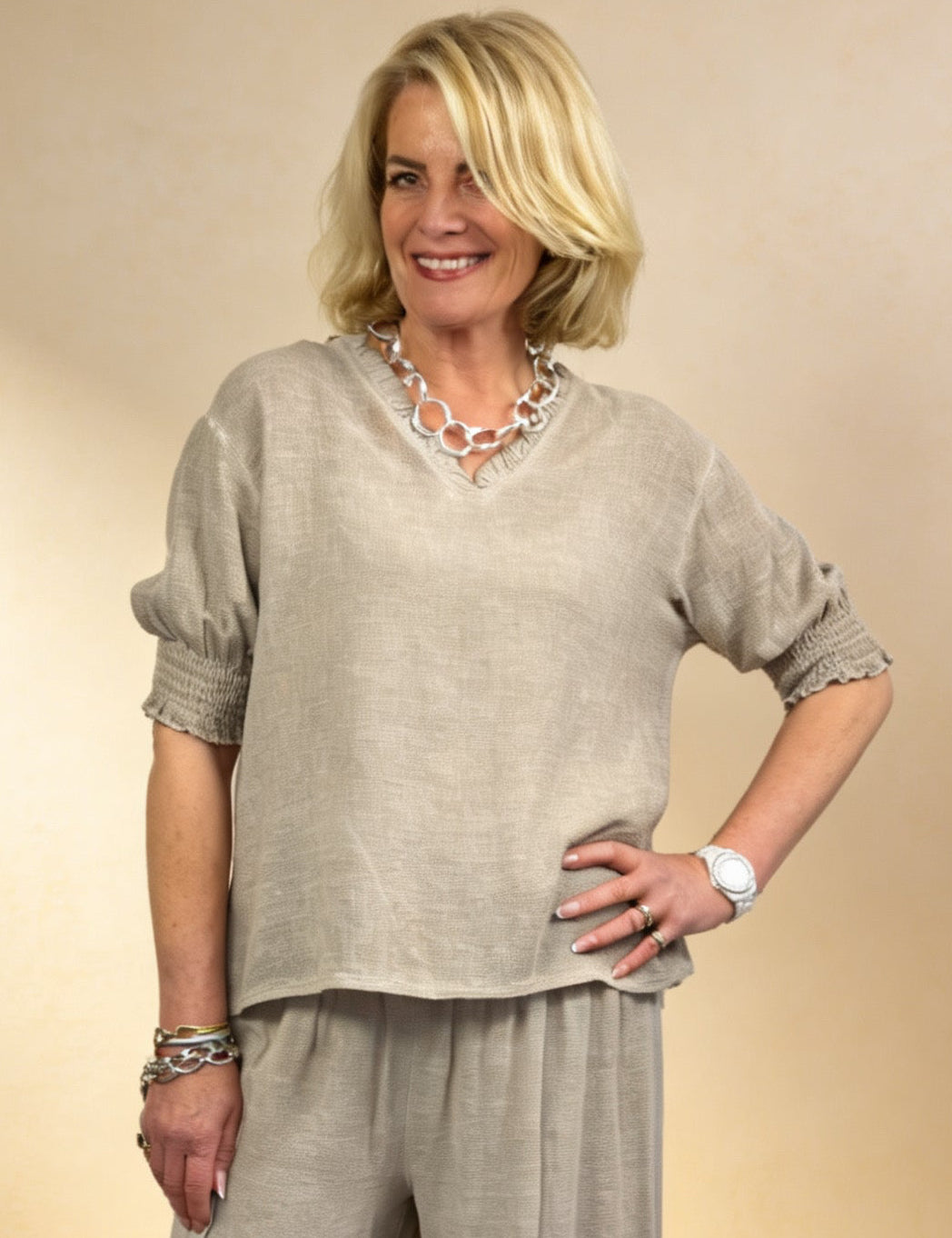 Sorrento V Neck Shirred Sleeve Top