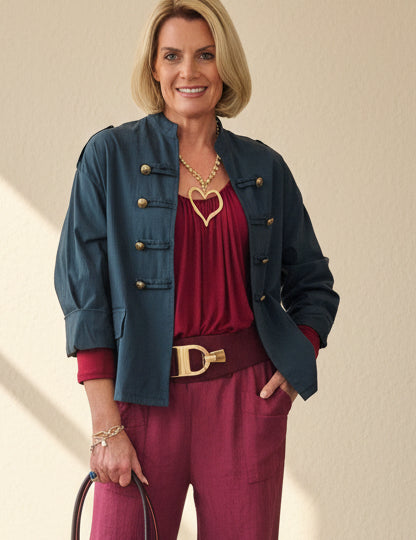 Navy off duty military jacket with D buckle belt