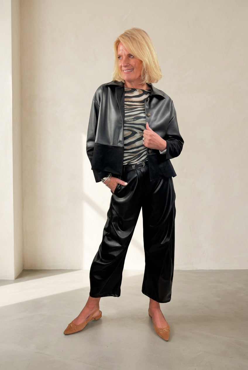 Faux Leather Boxy Suede Panel Jacket