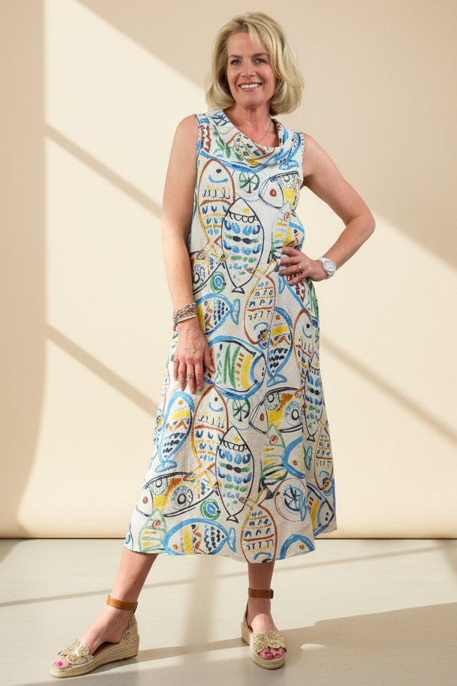 Painted Fishes Linen Dress