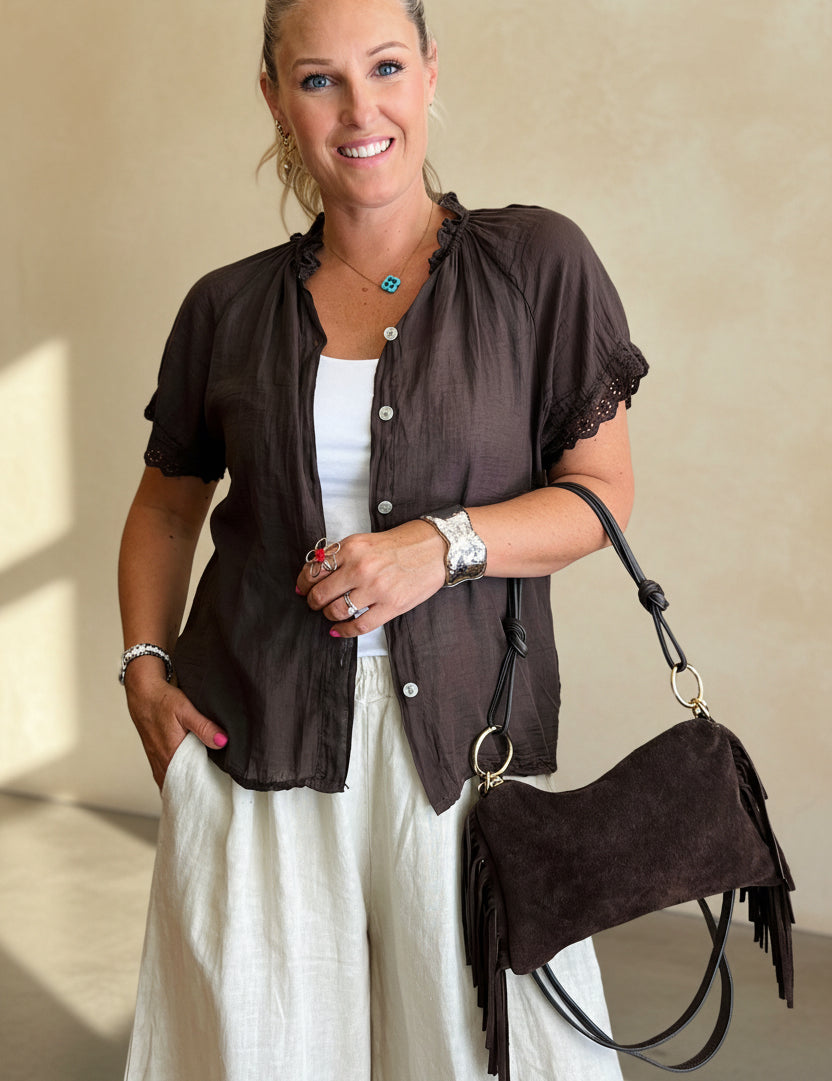 Tina Short Sleeve Blouse - Anglaise Collar