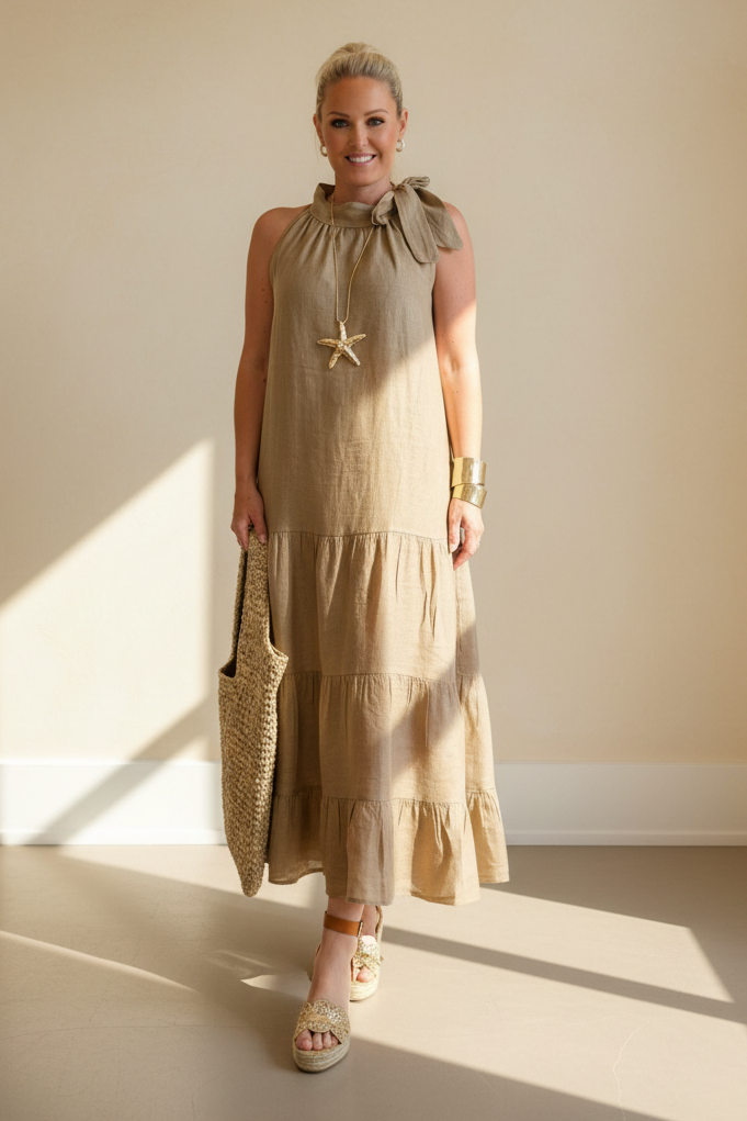 Tara Bow Neck  Linen Maxi Dress