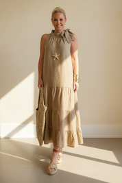 Tara Bow Neck  Linen Maxi Dress