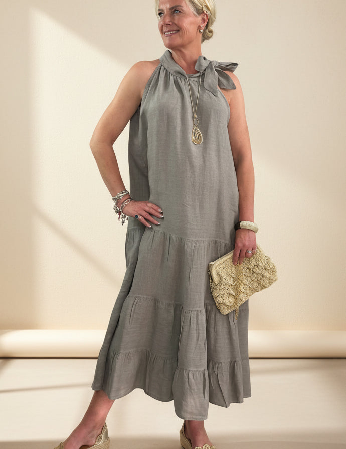 Tara Bow Neck  Linen Maxi Dress